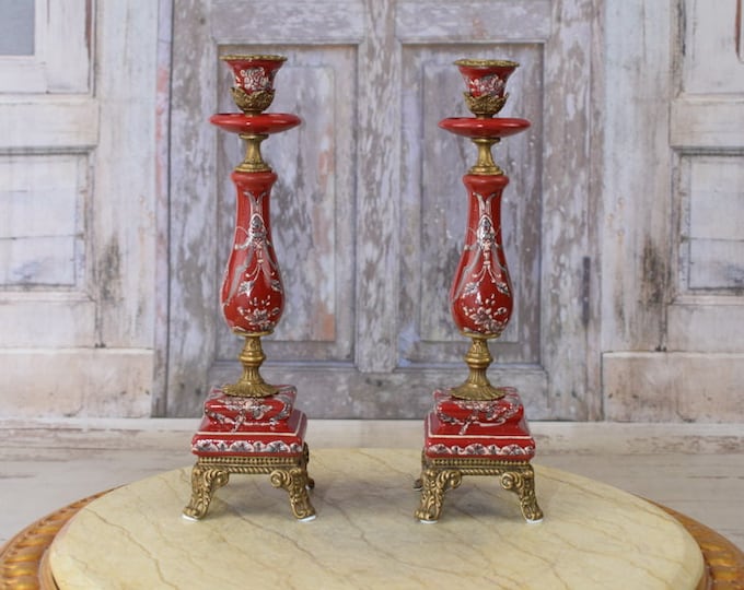 Pair Red Porcelain Candlesticks - Bronze Ornaments - Art Nouveau Porcelain - Home Decor - Unique Gift for Wedding - Antique Candleholders