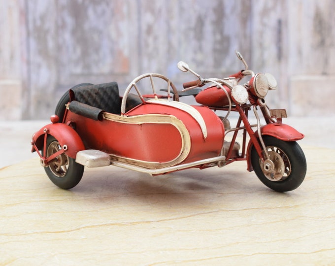 Unique Red Motorbike with Sidecar - Old School Metal Model - Old Motorcycle Model - Vintage Toy - Collector Item - Gift Idea - Home Decor