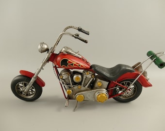 Vintage Red Chopper Motorcycle Model: Metal Motorbike Decor