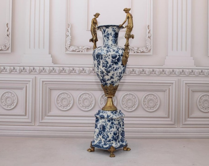 Flowers Design Large Vase with Nymphs - Blue Porcelain Vase with Bronze Ornaments - Floral Design - Home Decor - Premium Gift for Wedding