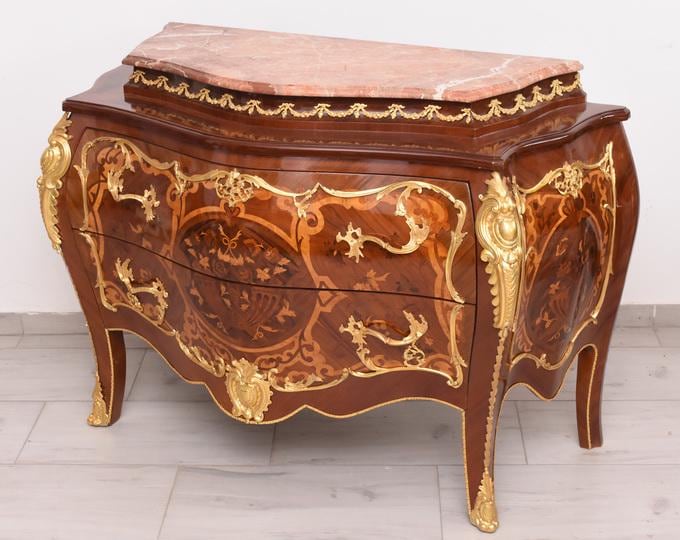 French Baroque-Style Commode — Beech Wood with Bronze Ornaments and Marble Top — Antique Chest of Drawers, France circa 1920