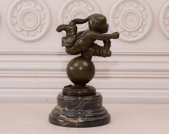 Vintage Bronze Sculpture: Running Girl on Ball, Elegant Home Decor
