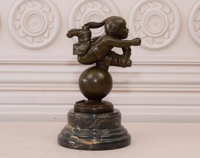 Running Girl on a Ball Bronze Sculpture - Young Girl Bronze Figure - Vintage Gift Idea for Birthday - Interior Design - Home Decor