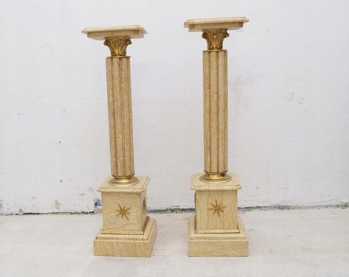 Creme Marble Pedestal Set – Brass Accent Home Decor, 39.37 inches