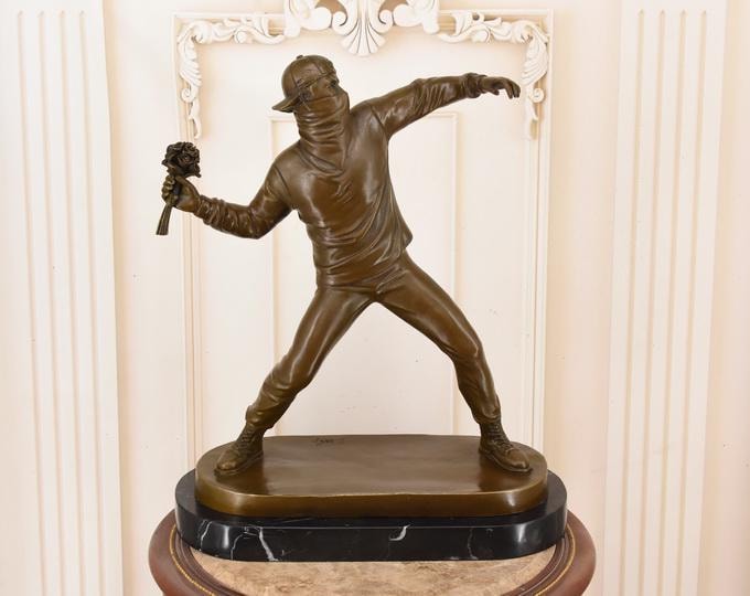 Large Bronze Rose Thrower Sculpture – Banksy Style Art – Marble Base – Unique Modern Figurine – Statement Home Decor