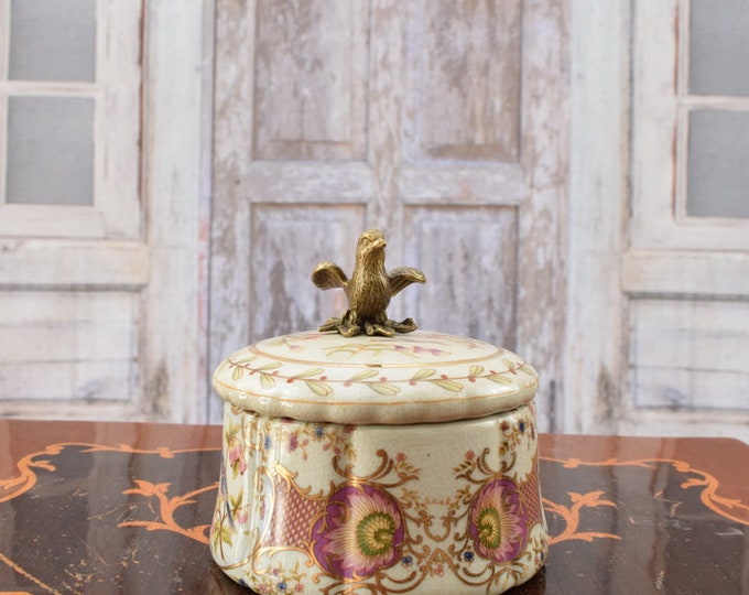 Porcelain casket - flower design - bird bronze ornaments - vintage porcelain - Home Decor Kitchen Decor - Unique Gift