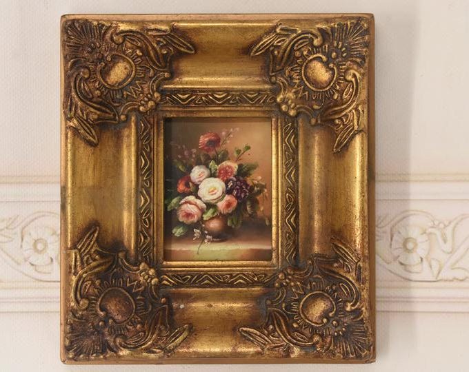 Flowers in a Vase – Vintage Miniature Oil Painting – Floral Still Life – Classic European Art – Unique Wall Decor