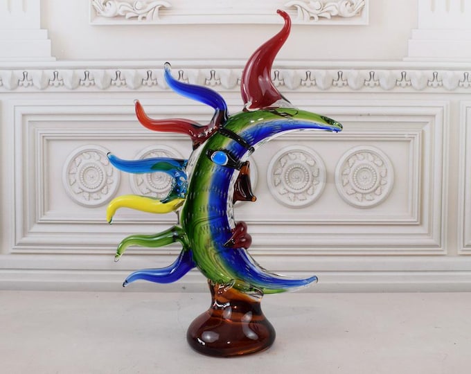 Amazing Colorful Moon Glass Figurine - Face Moon Murano Style - Glass Sculpture - Rainbow Glass - Gift Italian - Venetian Glass Home Decor