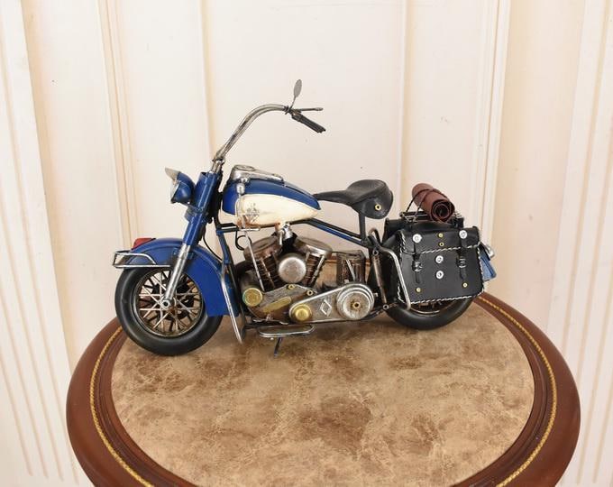 Vintage Blue Metal Motorbike Model: Old School Motorcycle Decor