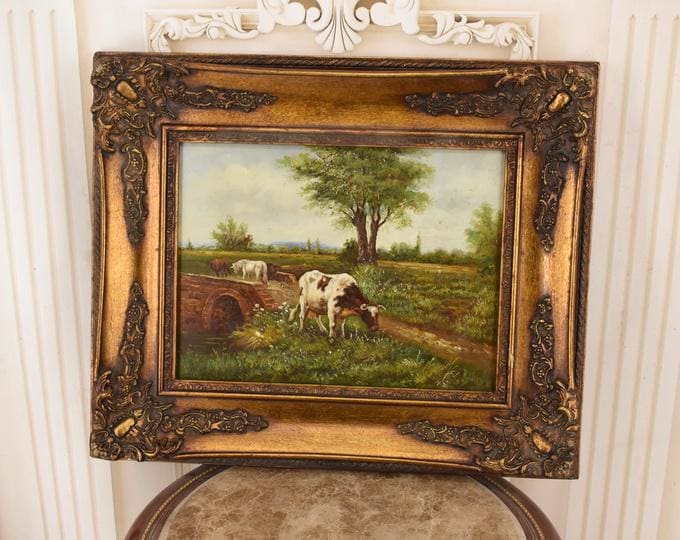 Vintage Cows Oil Painting: Rustic French Countryside Scene