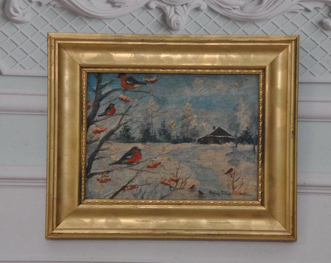 Antique Painting Landscape Winter - Filipkiewicz Art Work Painting - Polish Landscape - Wall Home Decor - Bullfinch Birds - Unique Gift