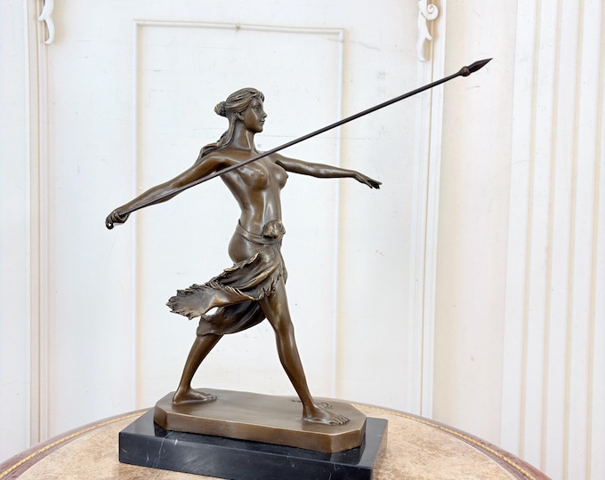 Vintage Bronze Amazon Warrior Statue - Woman with Spear Sculpture - Female Warrior Figurine - Unique Bronze Decor Gift