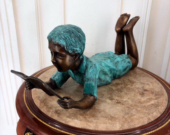 Young Boy Reading Book Bronze Statue – Schoolboy Sculpture, Home Garden Decor