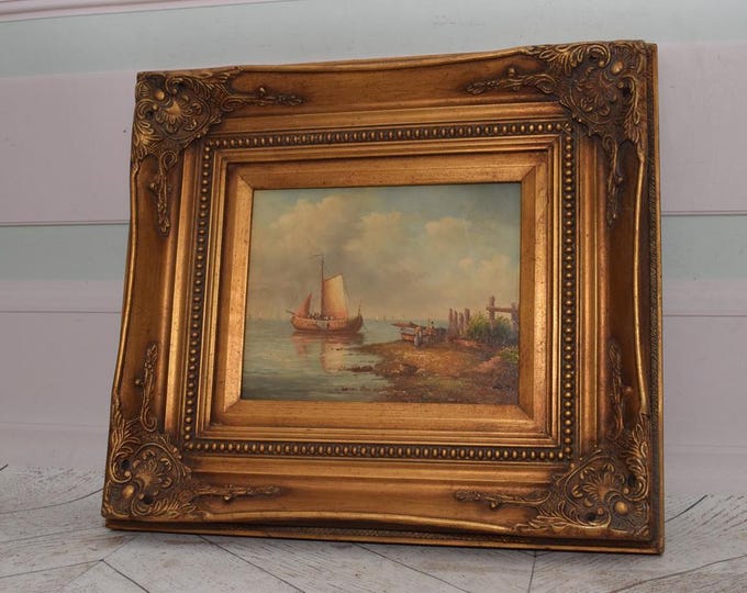 Vintage Painting Ship in Port – Handmade Nautical Art with Gold Frame – Sea Wall Decor – Gift for Ocean Lovers