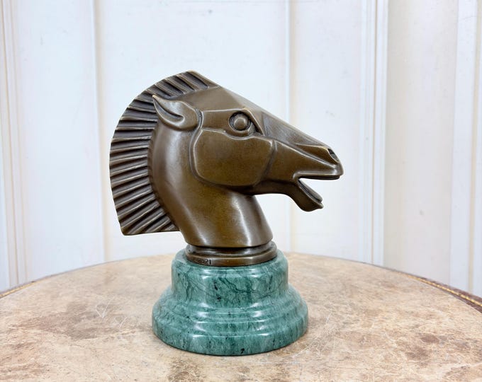 Bronze Horse Head Statue: Art Deco Sculpture on Marble Base