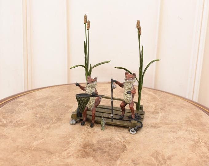 Signed Vienna Bronze Style Foxes Fishing Figurine – Whimsical Animal Sculpture