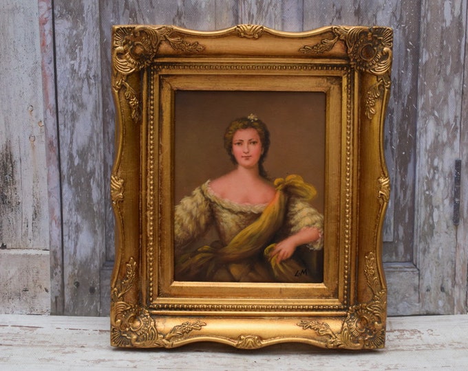 Painting Portrait French Aristocrat - Nice Goldene Frame - Portrait Woman - Old Oil on Wood - French Art - Wall Decor - Art Work - Gift Idea