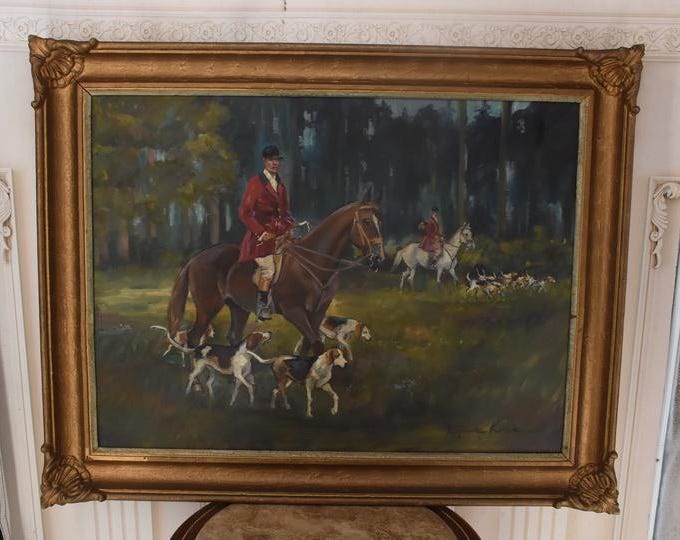 Antique Polish Oil Painting – Hunter, Horse & Dogs Winter Scene