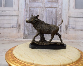 Vintage Bronze Warthog Statue: Animal Home Decor, Gift for Hunter