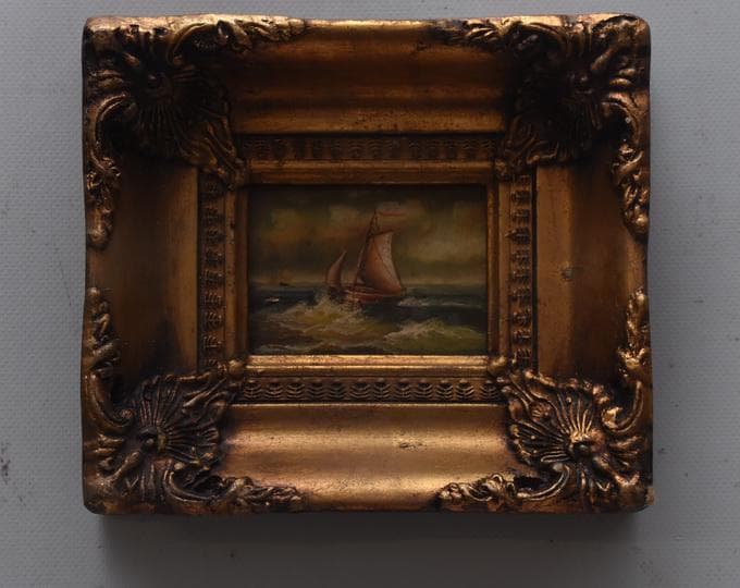 Vintage Boat Painting: Handmade Nautical Seascape with Gold Frame