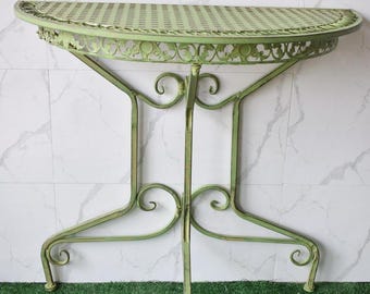 Rustic Green Iron Console Table: Handmade Vintage Flower Accent