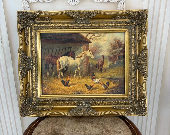 Vintage Rural Scene Oil Painting on Wood - Horses and Chickens - Ornate Gold Frame - Horse Art