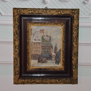 Vintage Oil Painting on Wood – Chmielinski Art - Pre-War Warsaw Horse Sleigh Scene – Antique Framed Art – Rustic Winter Landscape Wall Decor