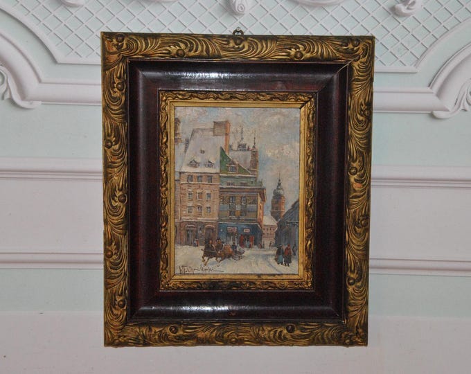 Vintage Oil Painting on Wood – Chmielinski Art - Pre-War Warsaw Horse Sleigh Scene – Antique Framed Art – Rustic Winter Landscape Wall Decor