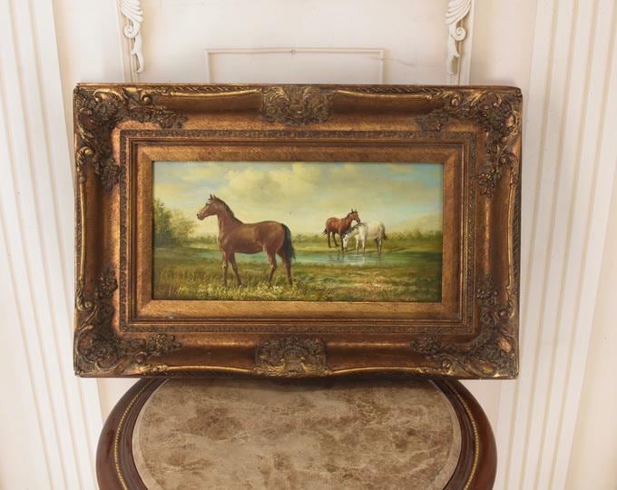 Family Horses at the Watering Hole – Vintage French Oil Painting on Wood – Gold Frame – Pastoral Landscape – Unique Wall Art