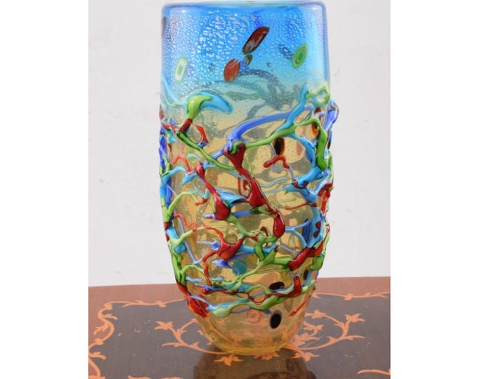 Amazing Vase Murano Style Glass - Sturdy and Thick Glass - Colorful Flower Pot - Richly Decorated - Italian Luxury Glass - Home Decor Gift