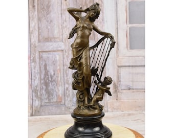 Limited Bronze! Fairy and Angel and Harp Bronze Sculpture on Marble Base - Fantasy Figurine - Woman Statue - Home Decor - Gift Idea