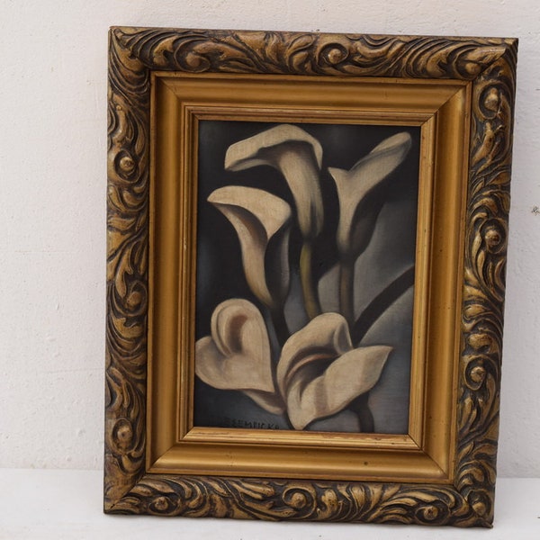 Painting Tamara De Lempicka Style Flowers Old Oil on Wood Flower Polish Art  Gift   Art Deco