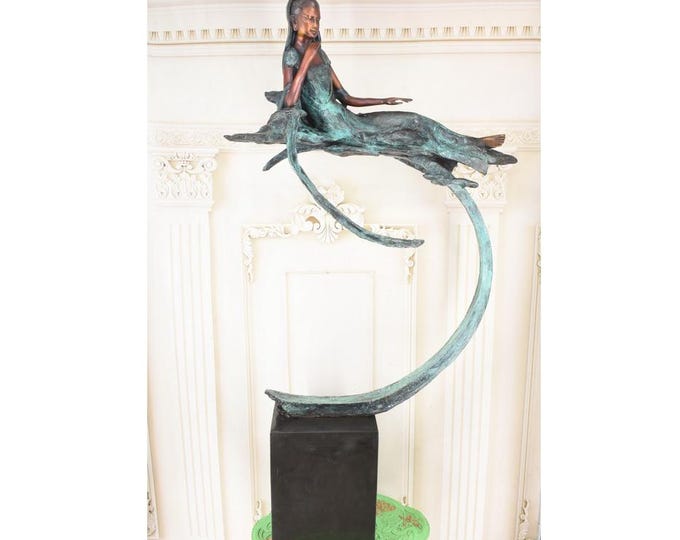 Patinated Bronze Fairy Sculpture on Marble Base, Vintage Fantasy Art