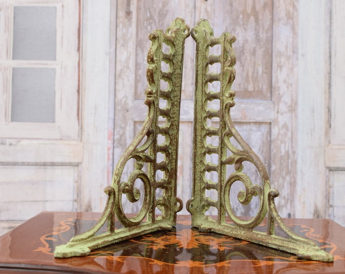 Green Decorative Hooks for Wall Ledges - Pair Cast Iron Shelf Brackets - Rustic Home and Garden Decor - Solid and Stable - Wall Bookshelf