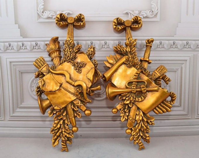 Vintage Wall Decor Set – Musical Instrument Wall Plaques – Gold Relief Sculptures