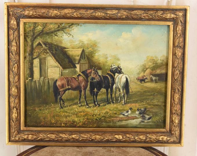 French Countryside Oil Painting - Horses and Ducks, Gold Frame