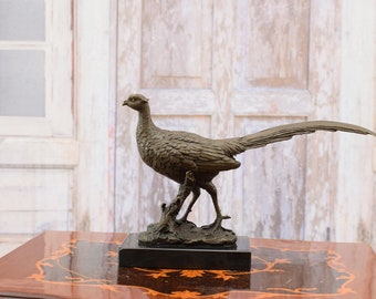 Pheasant Hunter Bronze Sculpture - Foundry Mark - Gift Hunting Idea - Pheasant Figurine Art Work - Animal Statue -