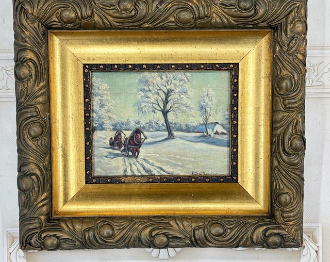 Antique Winter Village Painting – Russian Countryside Scene with Horses, Sleigh on Board