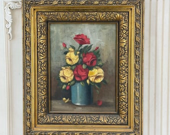 Vintage Floral Oil Painting in Golden Frame: French Wall Art - Flower Decor