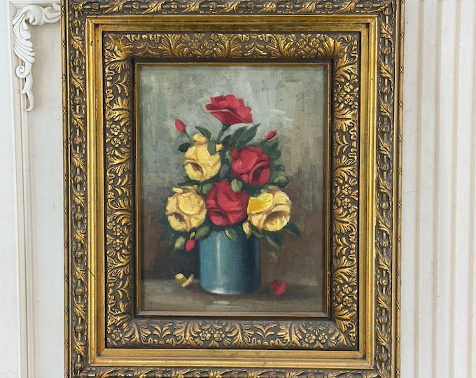 Vintage Floral Oil Painting in Golden Frame: French Wall Art - Flower Decor
