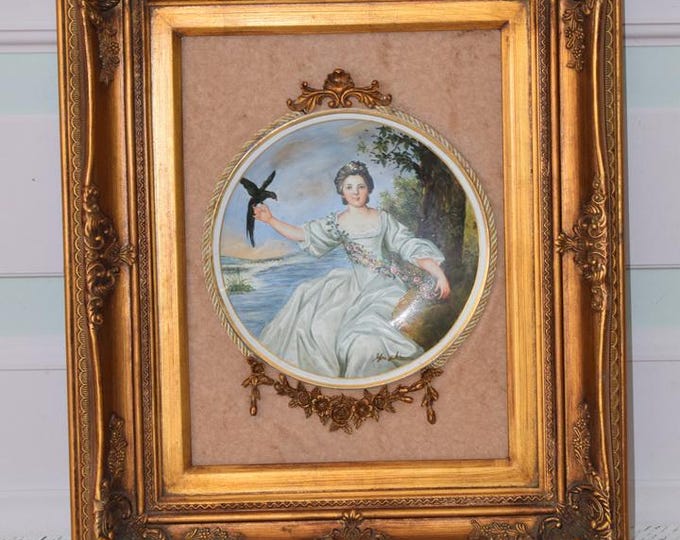 Painting on Porcelain - French Aristocrat Woman - Exclusive Painting on Goldene Frame - Medallion Vintage Luxury Gift