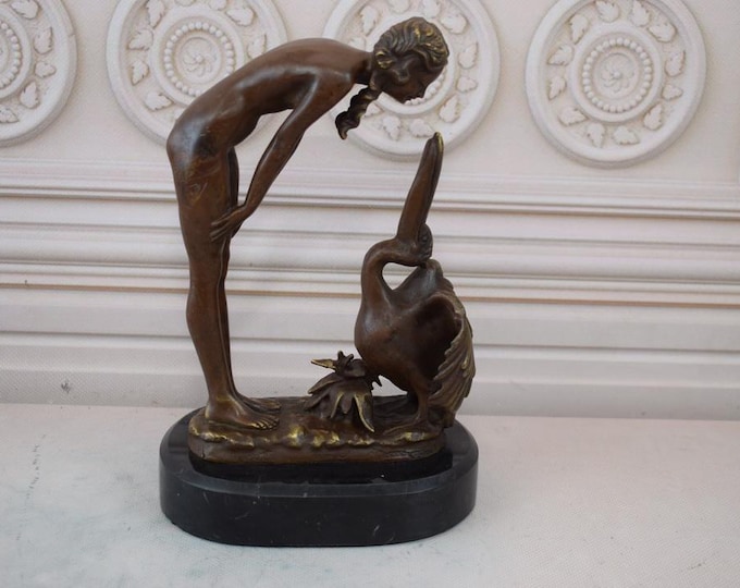 Woman Act with Pelican Bronze Statue on Marble Base - Art Deco Bronze Sculpture - Luxury Gift Foundry Mark Gift for Birthday Mature Content