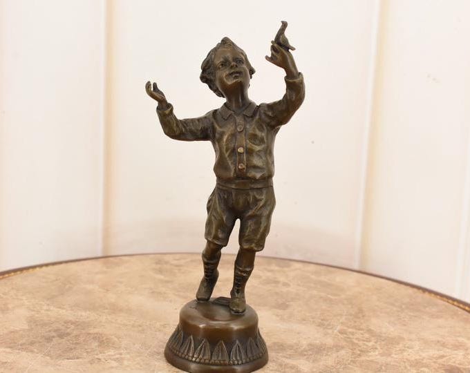 Vintage Bronze Boy with Bird Sculpture – French Marble Base Art