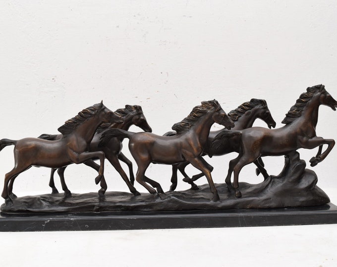 Bronze Wild Horses Sculpture on Marble Base – 85cm