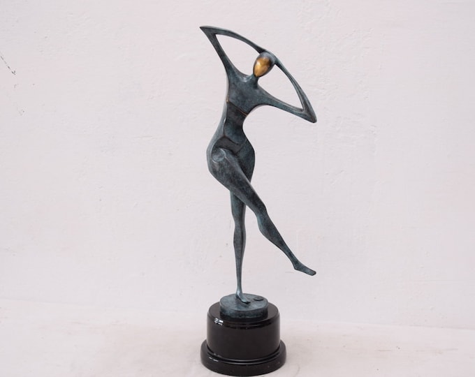 Modernist Abstract Dancer Woman Bronze in Green Patina Statue on Bronze Base Art Deco Style Figurine Sculpture Gift Idea