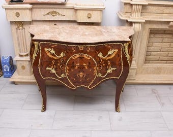 French Baroque Commode: Antique Beech Wood Chest with Marble Top