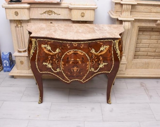French Baroque Commode: Antique Beech Wood Chest with Marble Top