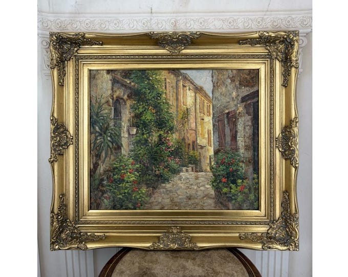 Vintage European Street Scene Painting - Floral Village Alley - Ornate Gold Frame - Romantic Wall Art