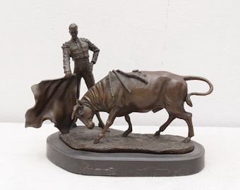 Bronze Matador Bullfighting Sculpture Statue Spanish Bull Figurine Statue Matador and Bull Figurine Bronze on Marble Figure  Gift Idea