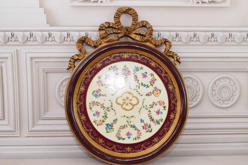 Vintage Painting on Porcelain Gold Frame Flowers Painting Wall Decor